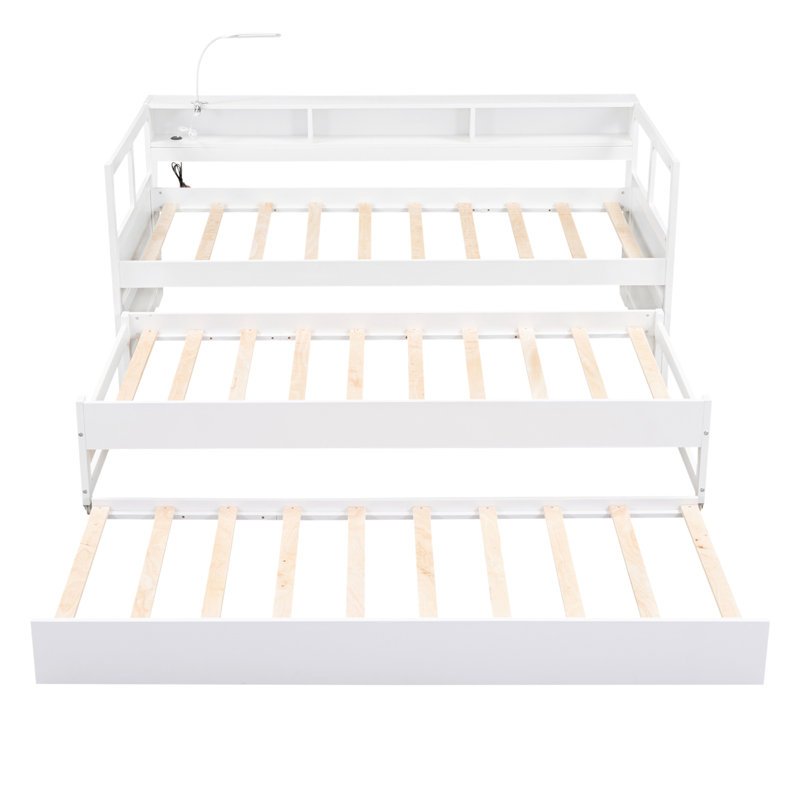 Twin XL Wood Daybed With 2 Trundles, 3 Storage Cubbies, 1 Light And USB Charging Design For Modern Convenience, White