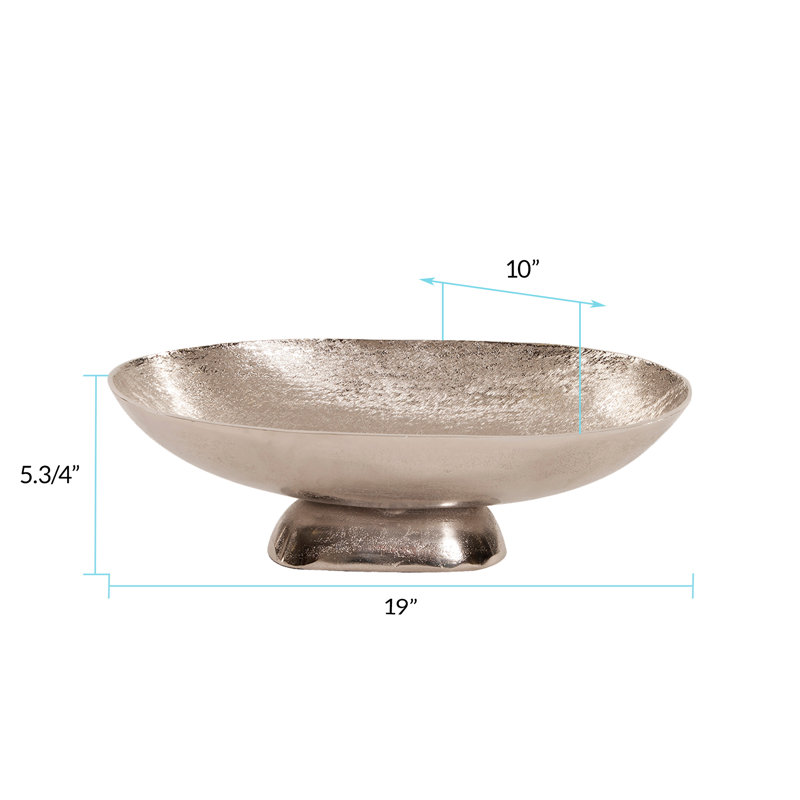 Fontes Oval Decorative Aluminum Bowl, 5.75" H x 19" W x 10" D, Bright Silver