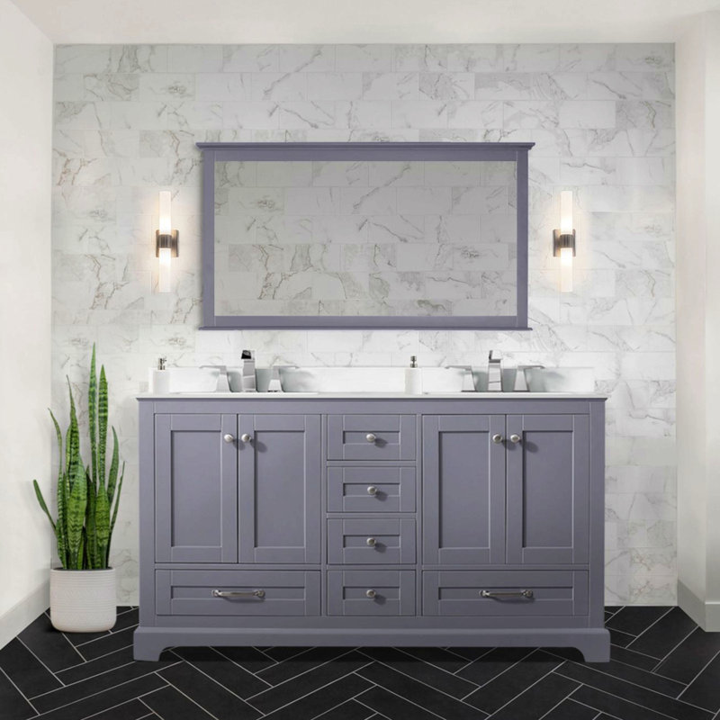 Meuble-lavabo double 60 po X P 22 po D, plateau en quartz blanc et ensemble de robinet, Gris
