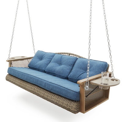 Highland Dunes 3-Seat Wicker Hanging Porch Swing With Cup Holders & Cushions, Heavy Duty Outdoor Patio Swing Bench With Chains For Porch, Patio, Backyard