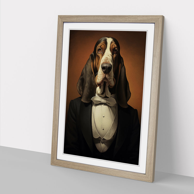 Basset Hound Classicism - Single Picture Frame Print on Wood, Oak Framed, 34cm H x 25cm W x 2cm D