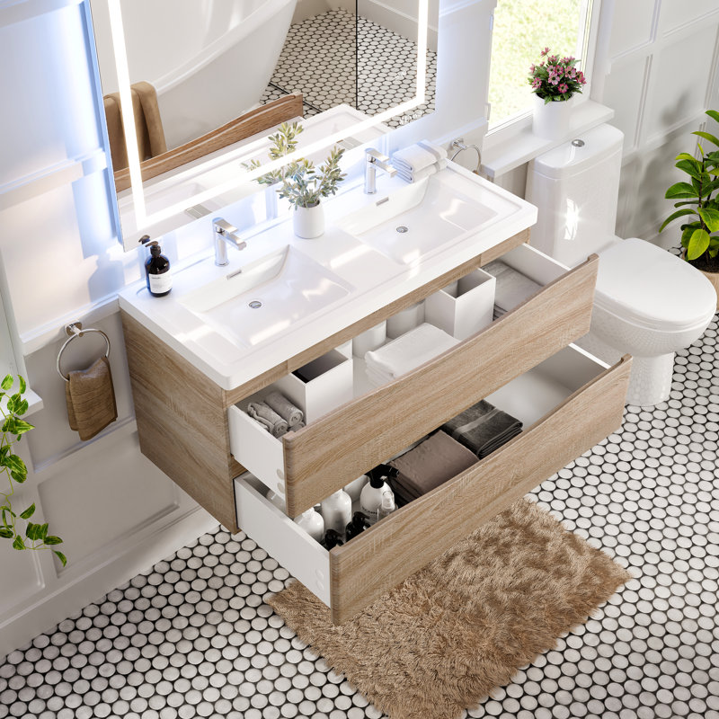 Ensemble de meuble-lavabo double moderne Firkins, Chêne blanc