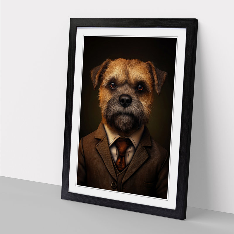 Border Terrier in a Suit Painting - Framed Print, 34cm H x 25cm W, Black Framed