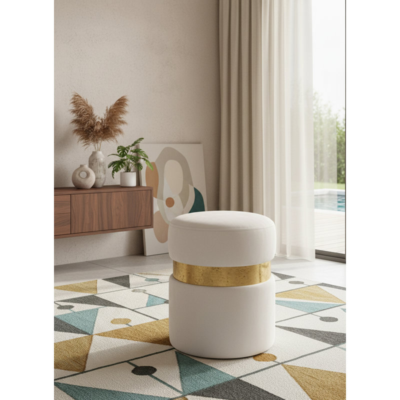 Hailey 14.5" Wide Velvet Round Cocktail Ottoman, Gold, Cream Velvet