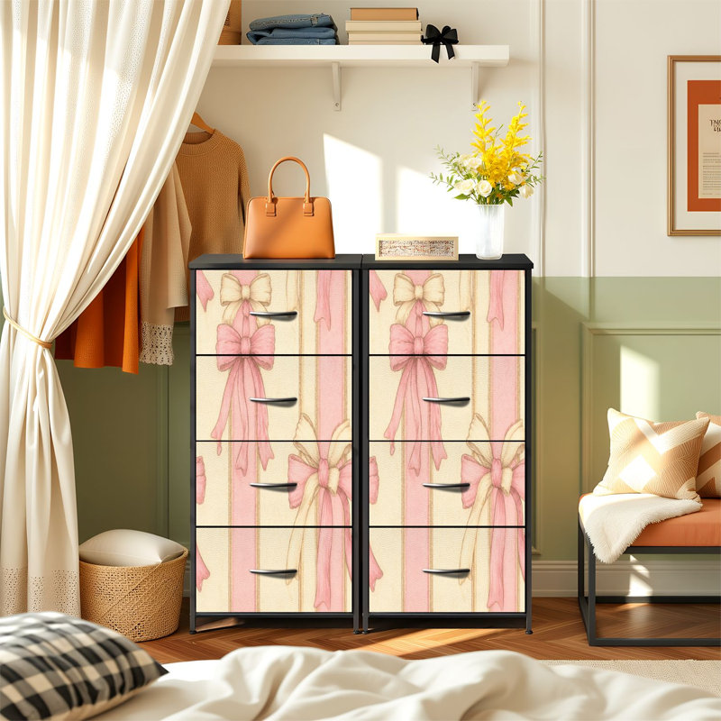 Commode de rangement verticale 4 tiroirs avec rubans roses et aquarelle