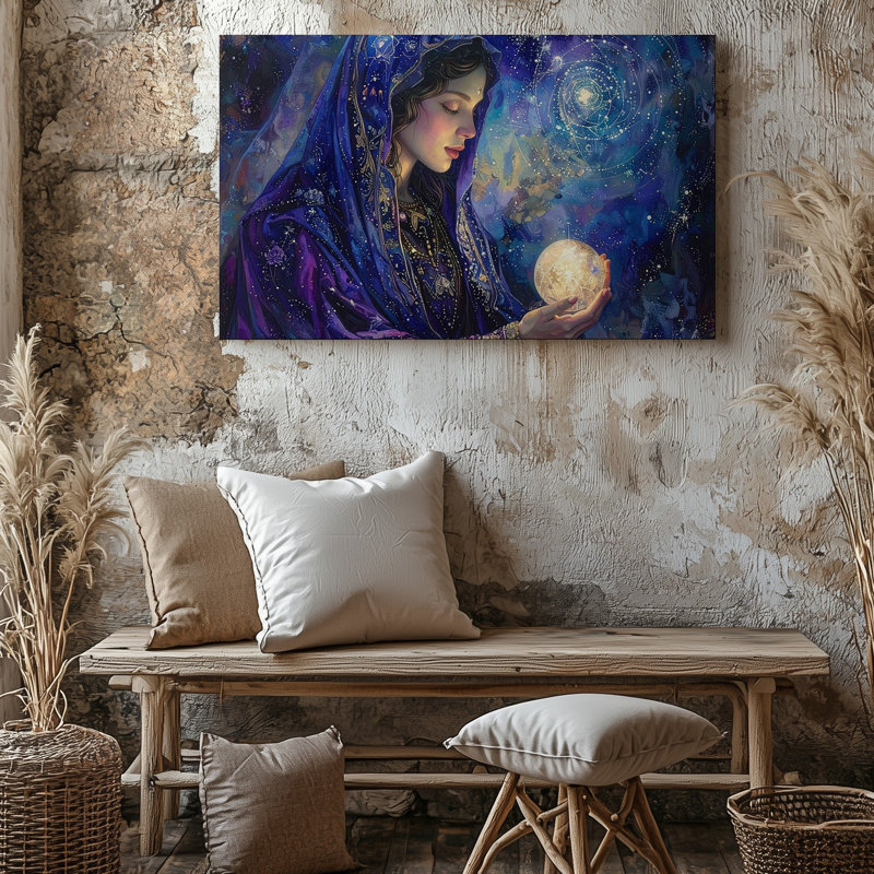 Toile, art mural, femme voilée céleste, orbe et divin féminin divin, H 11 po x l 14 po
