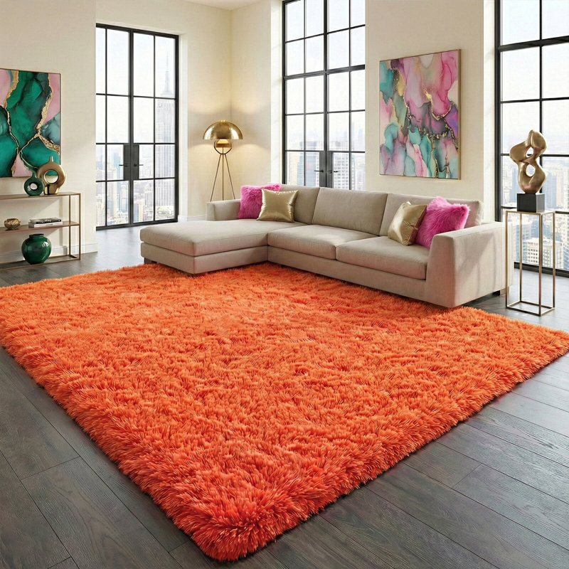 Large Shag Area Rug For Living Room, 10x14ft Soft Fluffy Rug For Bedroom, Upgrade Non Slip Backing, Spring Home Decor Aesthetic Carpet, Ideal For High Traffic Areas Indoor, Orange