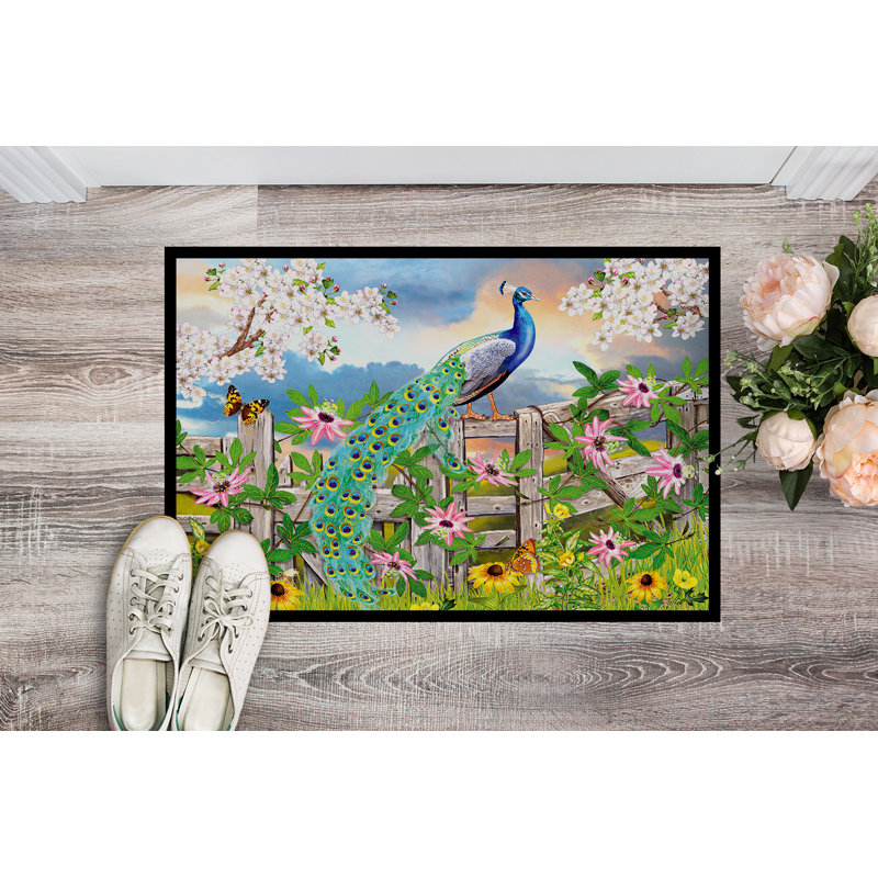 Driffield Non-Slip No Pattern Doormat, Peacock on Garden Fence