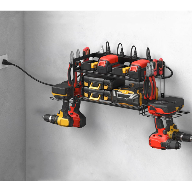 Metal Tool Storage Shelf With Surge Protection Power Strip - Black, Efficient Charging & Organization