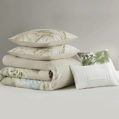 Queen 5 - Piece Duvet Cover With Throw Pillows Cotton Weave, Removable Pillow Covers, Spot Clean Knitted Fabric, Tropical Print, Hidden Zipper, Inner Ties