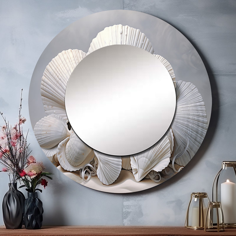 Coquillages blancs monochromes - grand miroir coquillage, décor de miroir mural rond unique moderne, impression d'art en métal