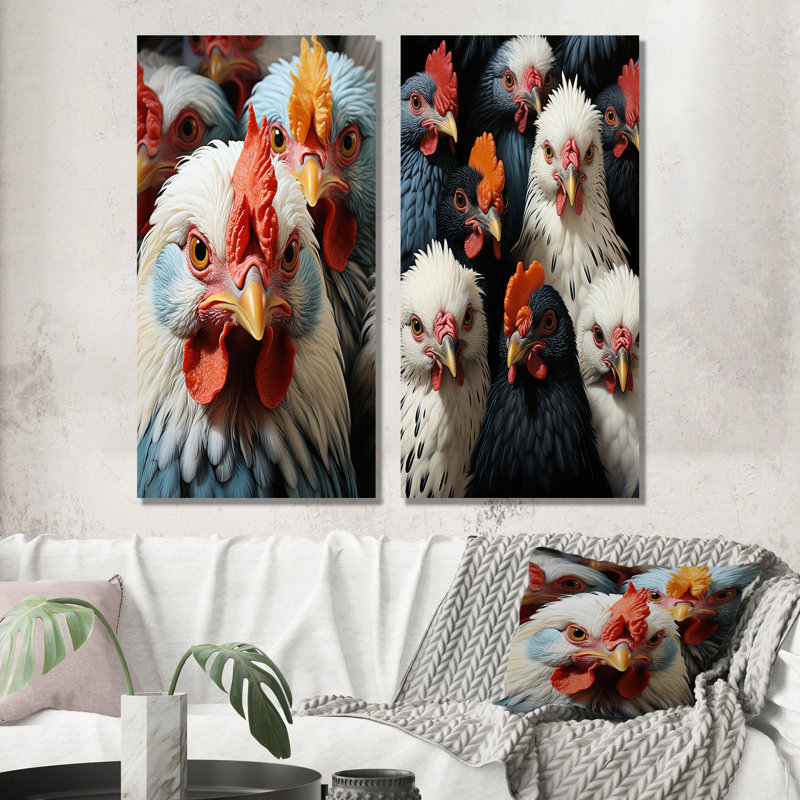 Ensemble de salon mural rouge et blanc Roosters Farm Assemblage I - Poulet, H 28 po x l 24 po