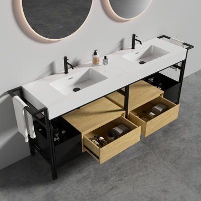 Meuble-lavabo 72 po avec cadre en métal robuste, bac de rangement ouvert et lavabo à fermeture douce et lavabo en pierre blanche, convient aux barres à serviettes réglables de style industriel moderne, lisse