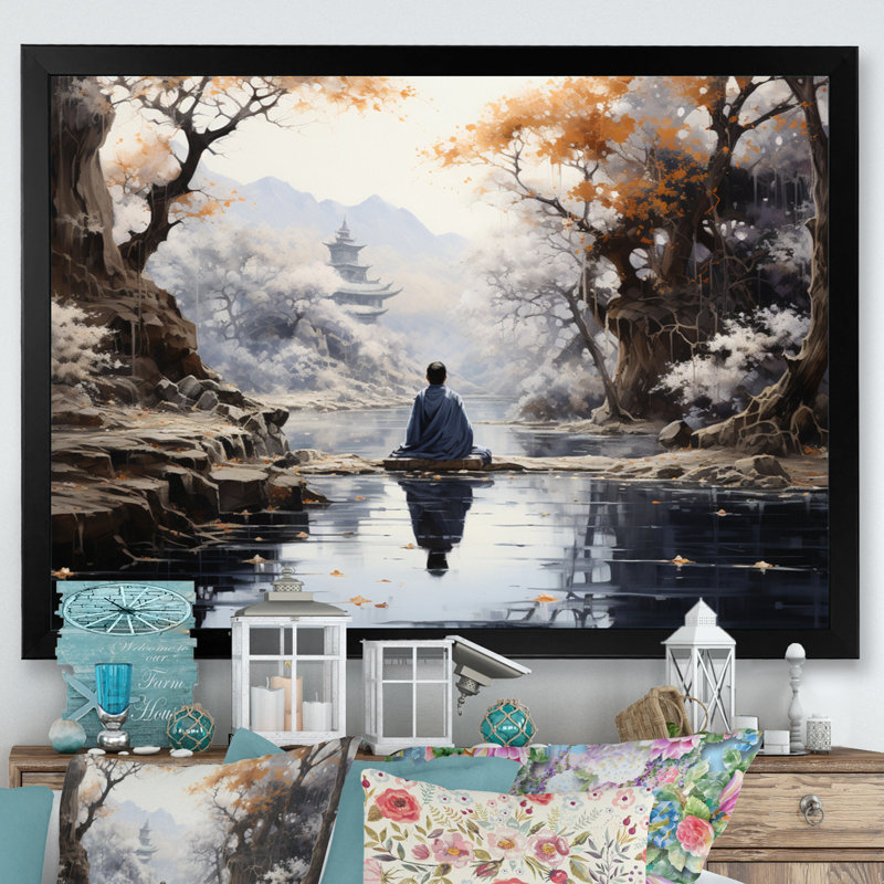 «Gray Buddhism Enlightened Path II», reproduction d'art sur toile, Cadre simple noir, H 12 po x l 20 po x P 1 po