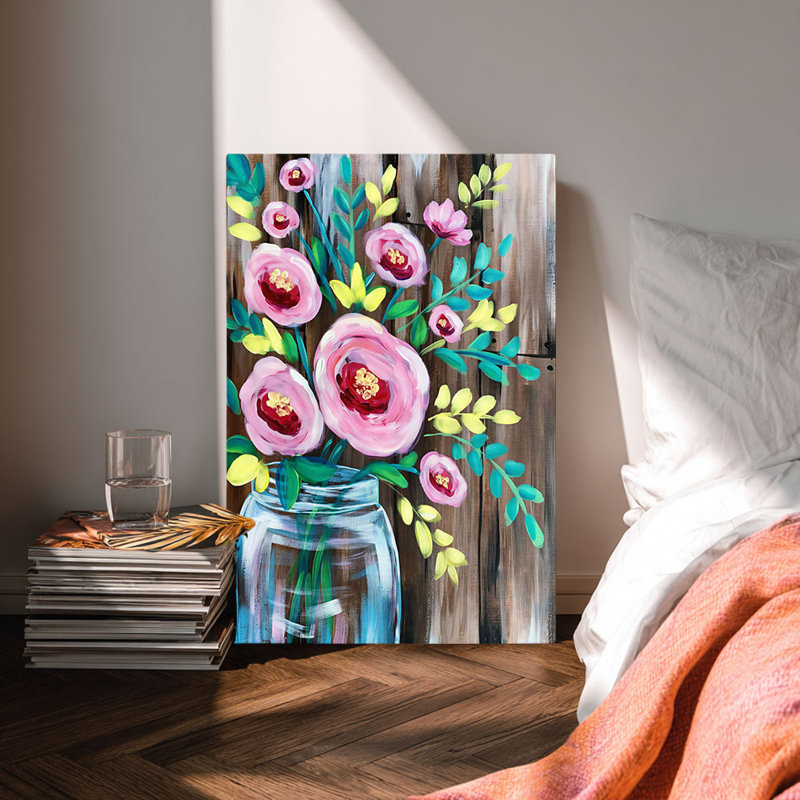Art sur toile de pot de fleurs roses prêt à être accroché - salon confortable, H 12 po x l 8 po