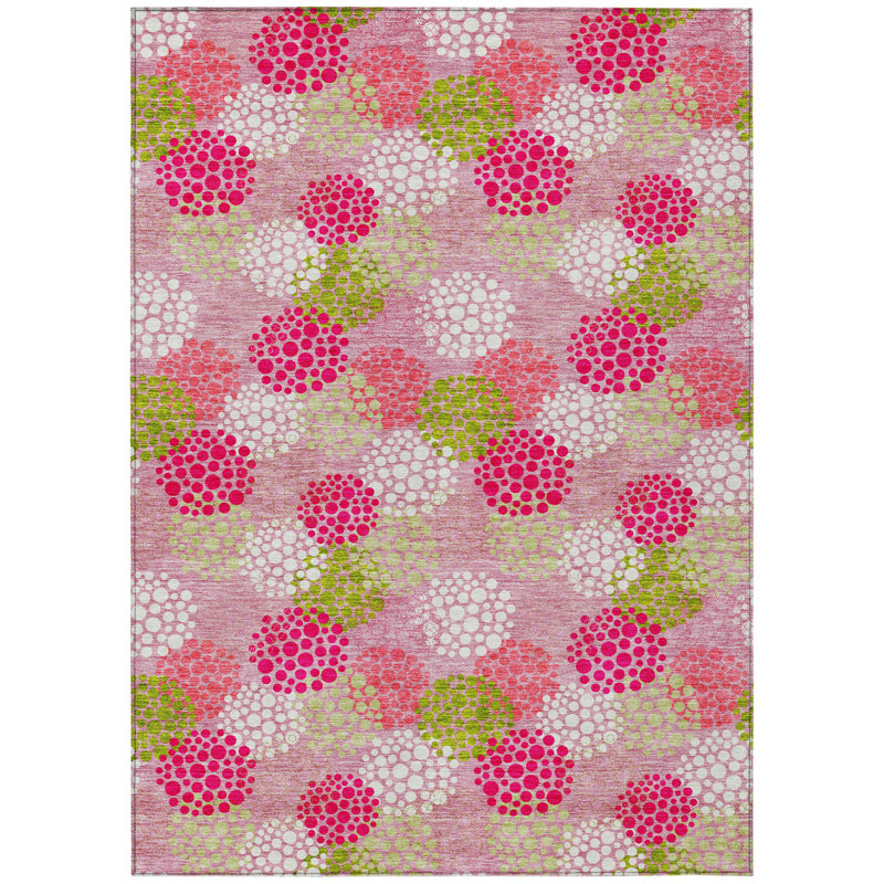 Tapis intérieur lavable à pois rose vert et ivoire 5 pi x 8 pi
