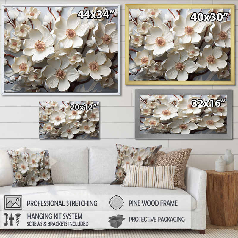 «Dogwood Blossoms Bouquet III», reproduction sur toile, Cadre de coin argenté fermé, H 34 po x l 44 po x P 1,5 po
