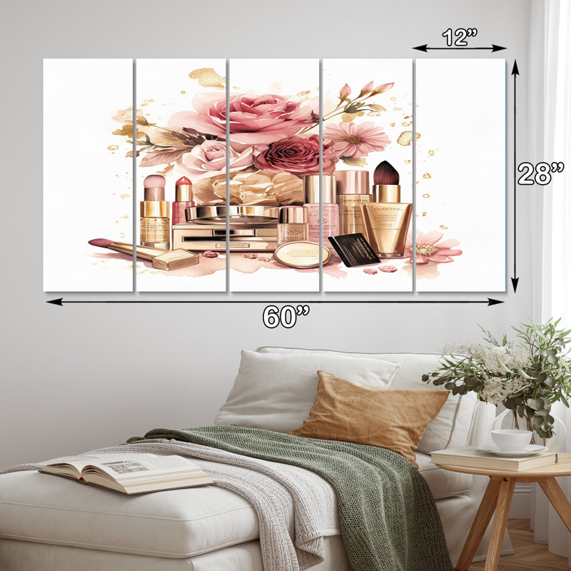 Maquillage de beauté rose bohème - reproduction d'art sur toile - 5 panneaux égaux