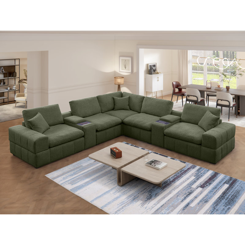 Canapé modulaire rembourré en chenille 7 pièces avec deux console centrale, chargement et rangement sans fil et porte-gobelets