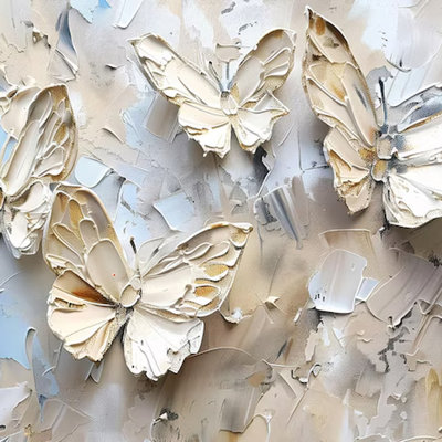 Elegant Ivory Floral Butterfly Wall Mural, Textured 3D Relief Wallpaper, Luxury Nature Inspired Wall Decor For Living Room Bedroom
