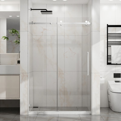 Porte de douche en verre coulissante l 48 po x H 72 po, finition, verre trempé de 1/4 po (6 mm), facile à nettoyer, largeur réglable de 48 à 48 po, seuil anti-éclaboussures, poulies silencieuses, pièces, glissement en douceur, revêtement, imperméable
