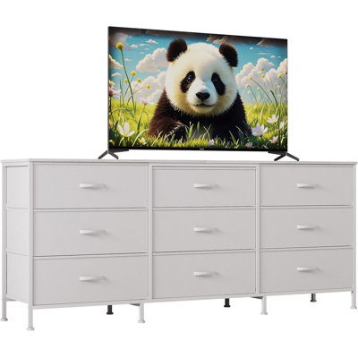 63" TV Stand with 9 Fabric Drawers, Wood Top & Metal Frame Media Console, 27" Deep