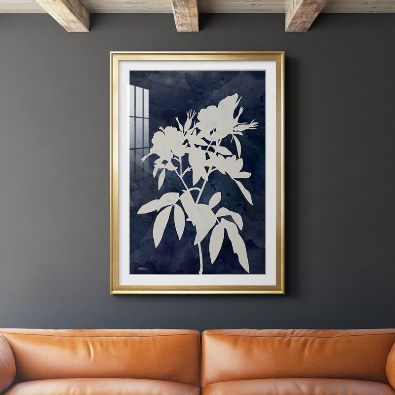 «Indigo Botanical I», reproduction encadrée de qualité supérieure - prête à être accrochée, Or