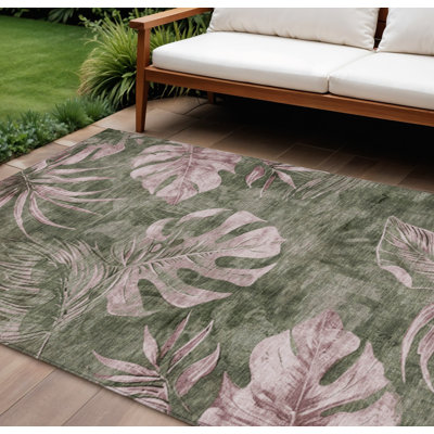 Tapis intérieur/extérieur lavable, vert olive et rose poudré à motifs floraux, 2,74 m x 3,66 m