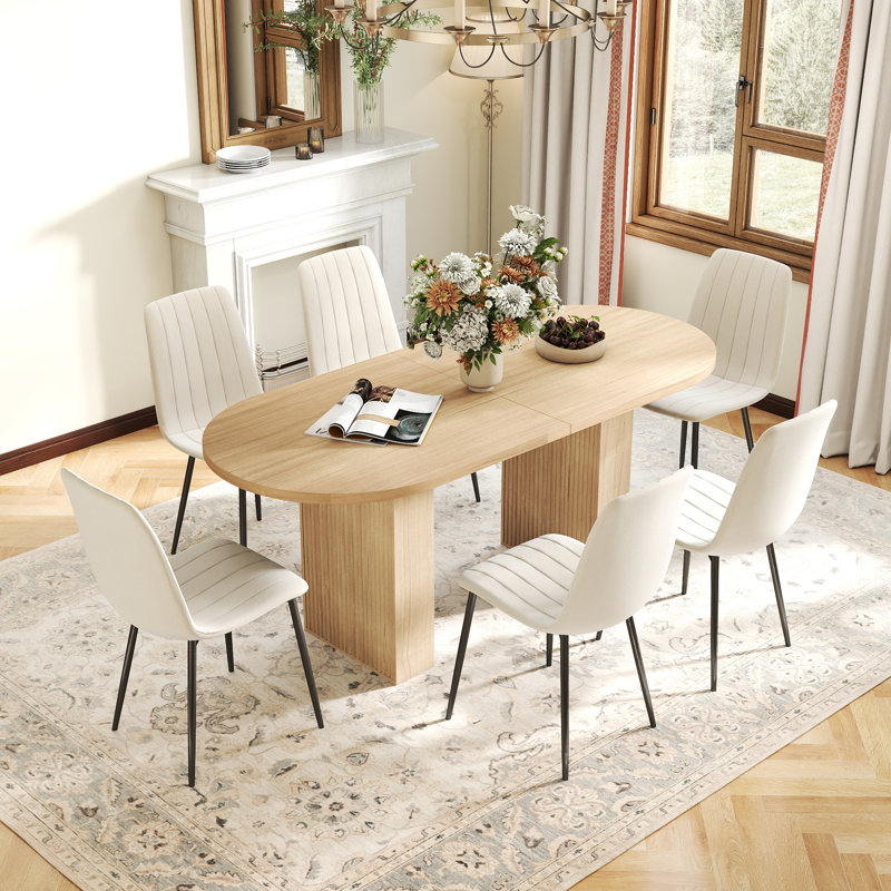Ensemble de table de salle à manger Mid-Century, 7 pièces : table, 6 chaises, Chêne, Beige