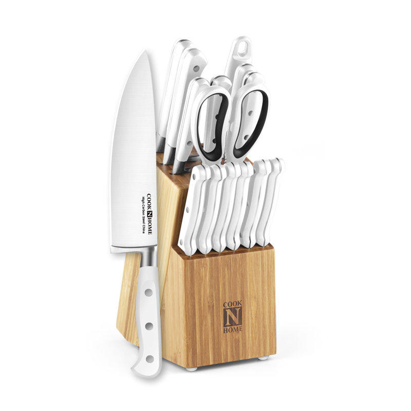 White 15-Piece Kitchen Knife Set with Bamboo Block