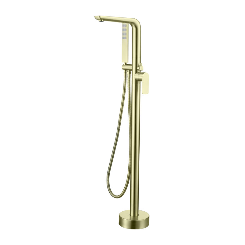 1-Handle Freestanding Floor Mount Roman Industrial Style Tub Faucet Bathtub Filler With Hand Shower, Brushed Gold