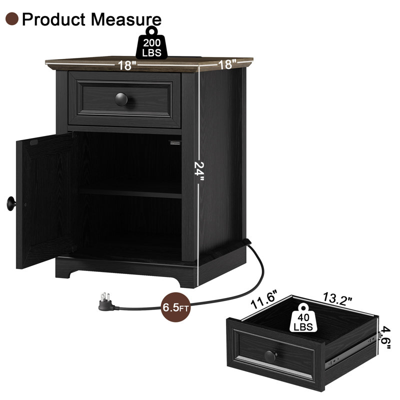 Azella 1-Drawer Frame End Table Set with Storage and Built-In Outlets, Black/Brown
