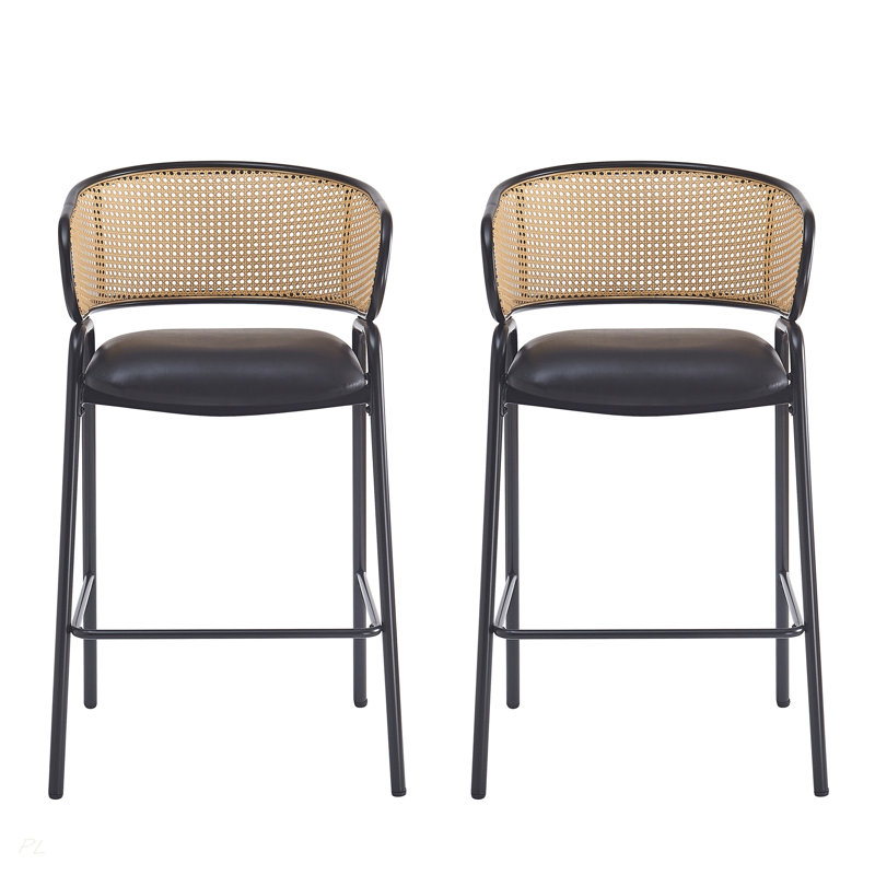 Tabouret de bar intérieur en métal rembourré, siège en similicuir avec dossier en rotin Wowen, ensemble de 2
