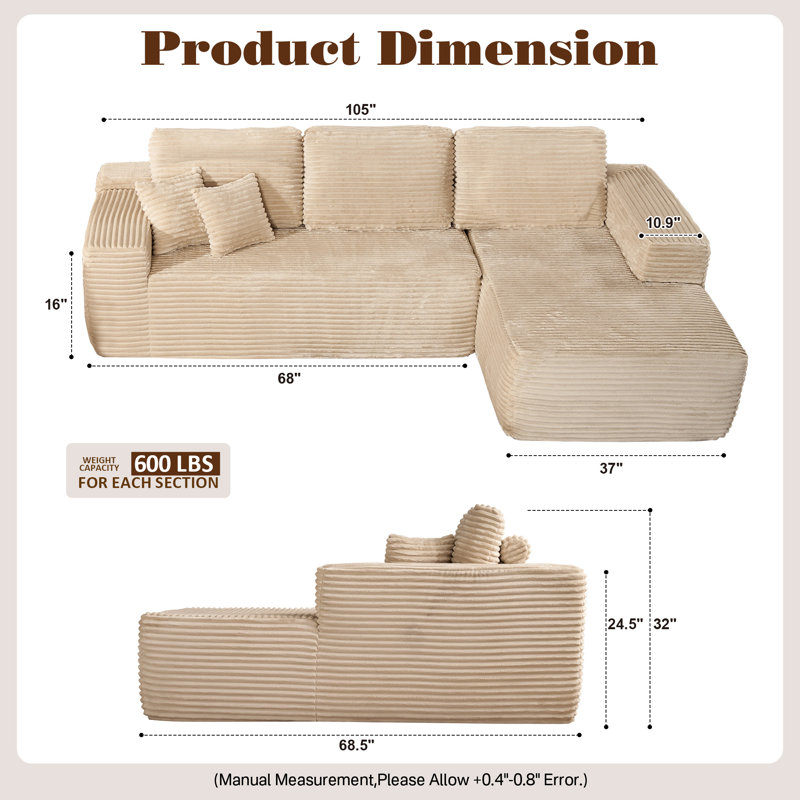 105" 2 - Piece Upholstery Compression Sofa with 3 Seats, Corduroy Sectional Couch, No Assembly Required, Right Side Support