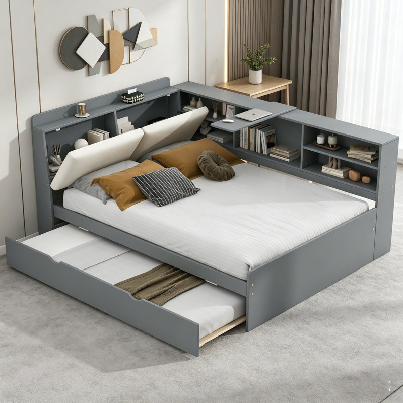 Lit plateforme avec tête de rangement, bibliothèque intégrée et 2 tiroirs, cadre de lit en bois avec dossier rembourré et lit escamotable, lit plateforme tapissier, cadre de lit multifonctionnel, lit robuste sans sommier, pour chambre à coucher, gris et Blanc