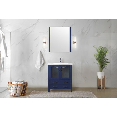Navy Blue 30 In. Width Bathroom Vanity Featuring White Ceramic Basin, Faucet With Single Handle, And 28 Wall - Mounted Rectangular Mirrored Cabinet Basin Top, Lever, Square