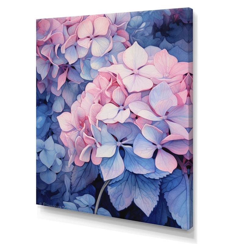 Fleurs d'hortensia roses et bleues sur toile, Toile tendue, H 32 po x l 16 po x P 1 po