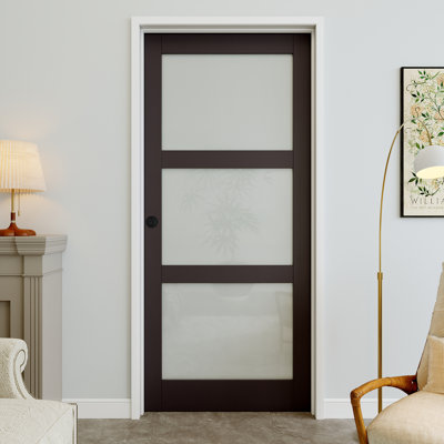 32" x 80" 3-Lite Black Frosted Glass Interior Prehung Door with Round Knob and Silver Hinges, Privacy Glass Door Slab, Sound-Dampening & Waterproof, Suit for Laundry, Closet Doors, Room Doors, Right Hand