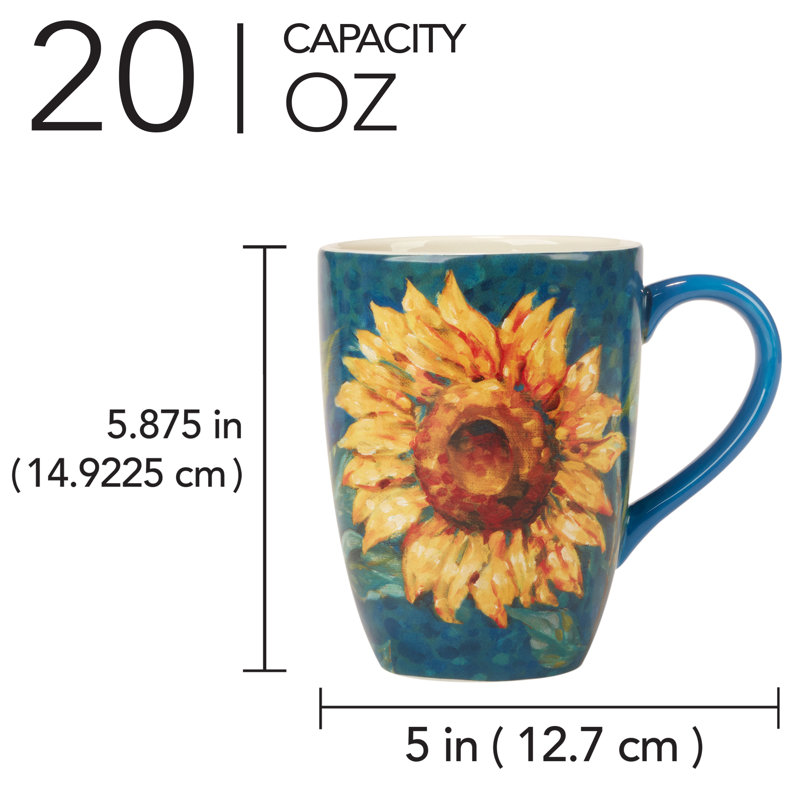 Golden Sunflower Blue Ceramic 20 oz Mug Set
