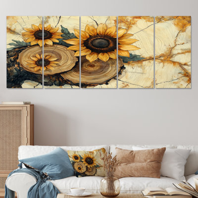 Paysage de tournesols au-dessus de glissades en bois I - Décoration murale tournesols - Art mural traditionnel 5 pièces