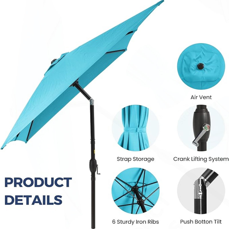 Parasol rectangulaire de terrasse de 2 x 3 m avec manivelle, inclinaison et toile résistante aux UV (turquoise, base non incluse)
