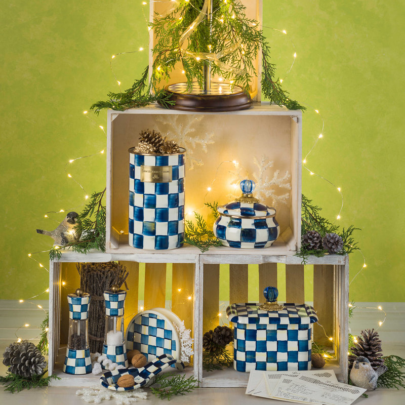 Elegant Royal Check Hand-Painted Recipe Box with Glass Knob