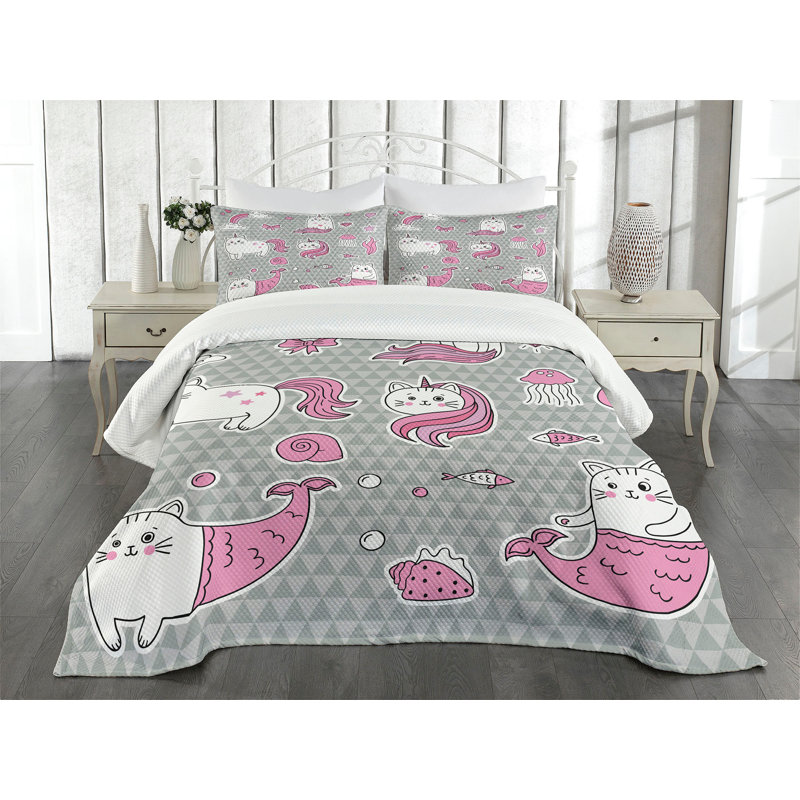 Twin White Quilted Unicorn Cat Mermaid Bedspread Set