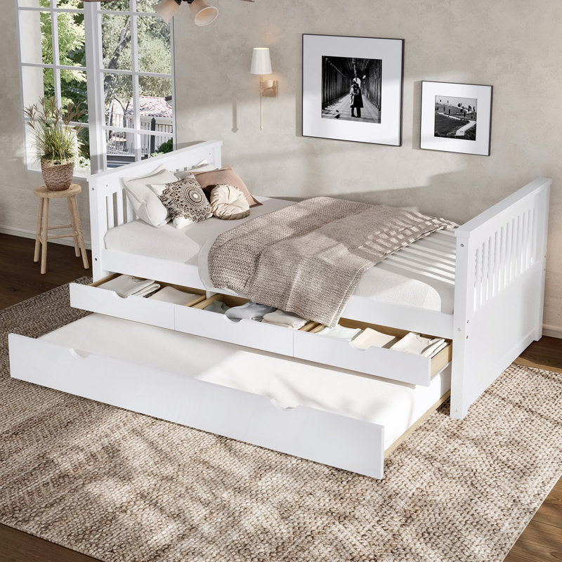 Platform Bed With Drawers And Trundle, Solid Wood Daybed, No Spring Box Needed, Off White