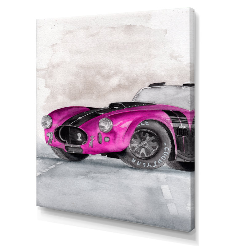 «Beautiful Old Magenta Car on Grey», peinture sur toile, H 44 po x l 34 po x P 1,5 po, Toile tendue