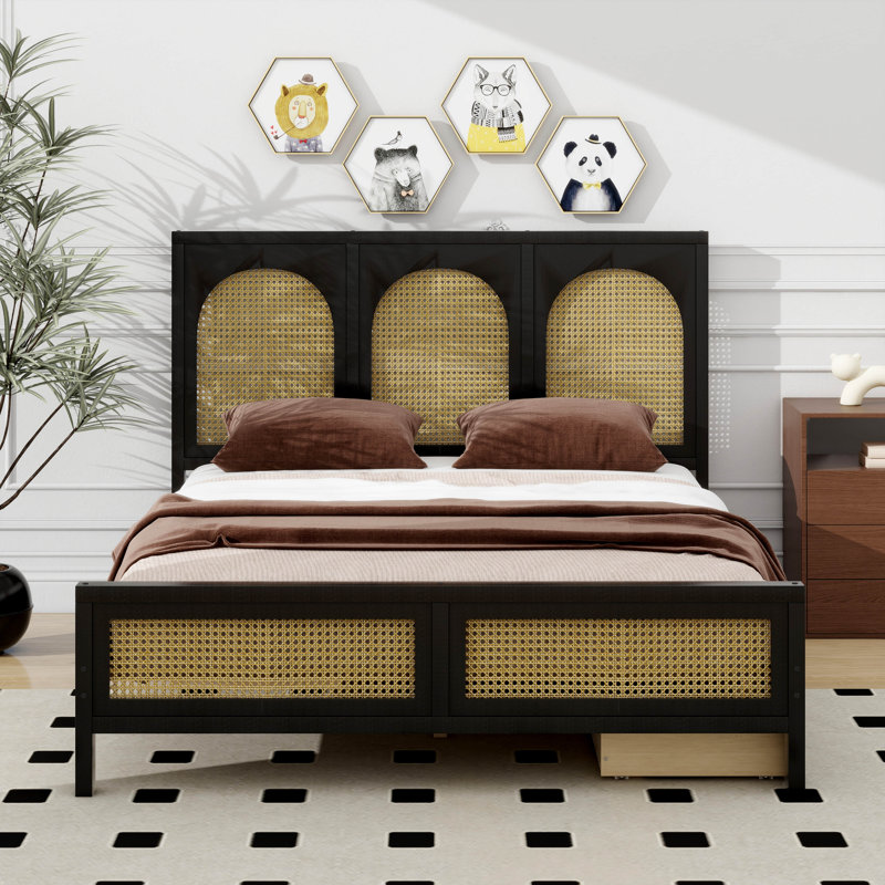 Lit plateforme avec rangement en bois et 2 tiroirs, Noir, Double