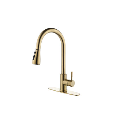 Brushed Gold Kitchen Faucet With Pullout Spray, Stainless Steel Production, 360 Rotating Nozzle, Corrosion & Rust Protection Quality