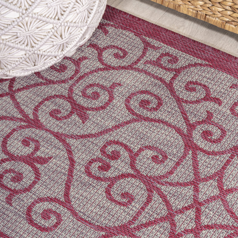 Deronte Vintage Filigree Textured Weave Light Gray/Fuchsia Indoor/Outdoor Rug, Square 5'3"