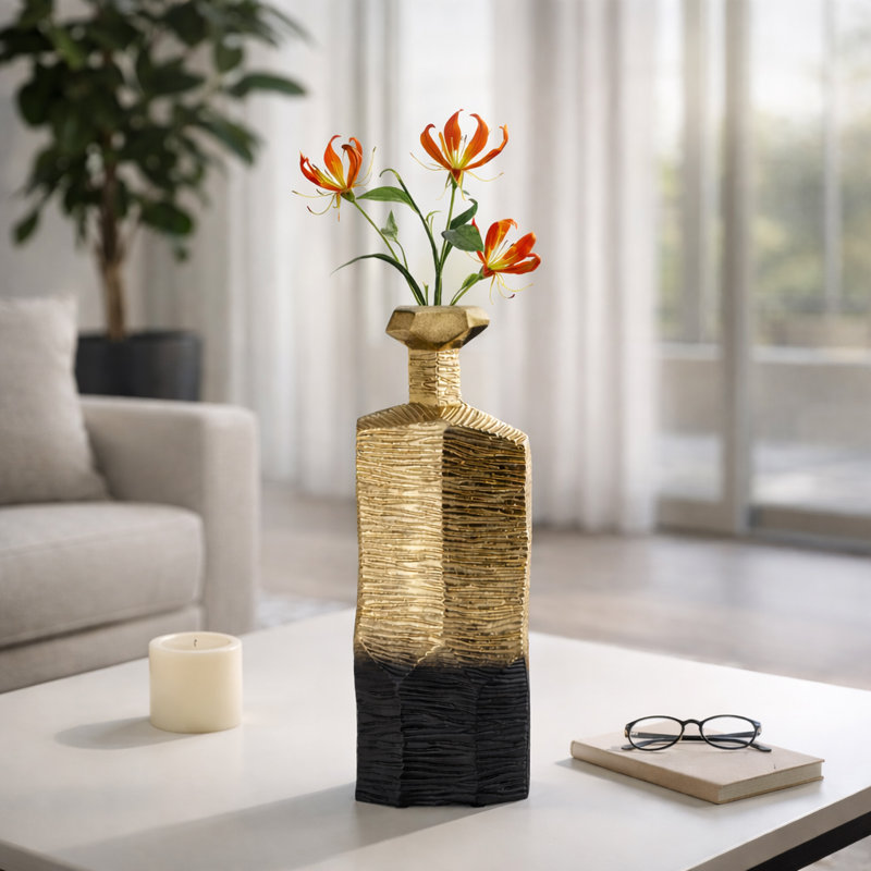 Decorative Textured Metal Vase for Home Decor Accent - Flower Vase for Living Room and Entryway Table Styling - 20", Gold & Black