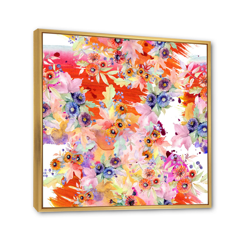 «Vibrant Wild Spring Leaves and Wildflowers VI», peinture sur toile, H 36 po x l 36 po x 1,5 po, Cadre flottant doré